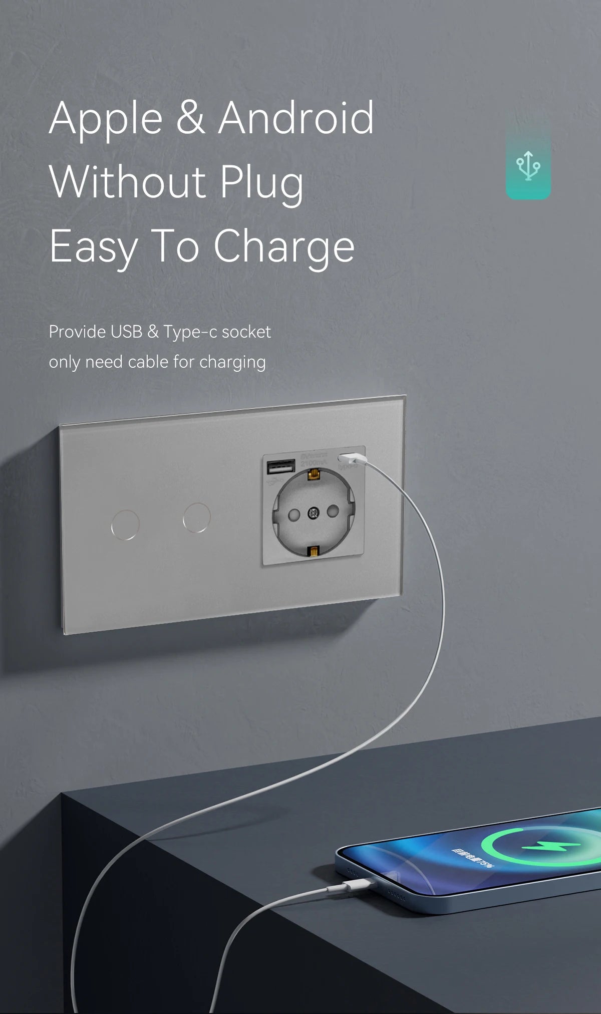 Bseed EU-Standard 1/2/3 Gang Licht-Touch-Schalter Home Wandschalter Graues Glas Sensorschalter Typ-C USB-Stromladebuchsen.