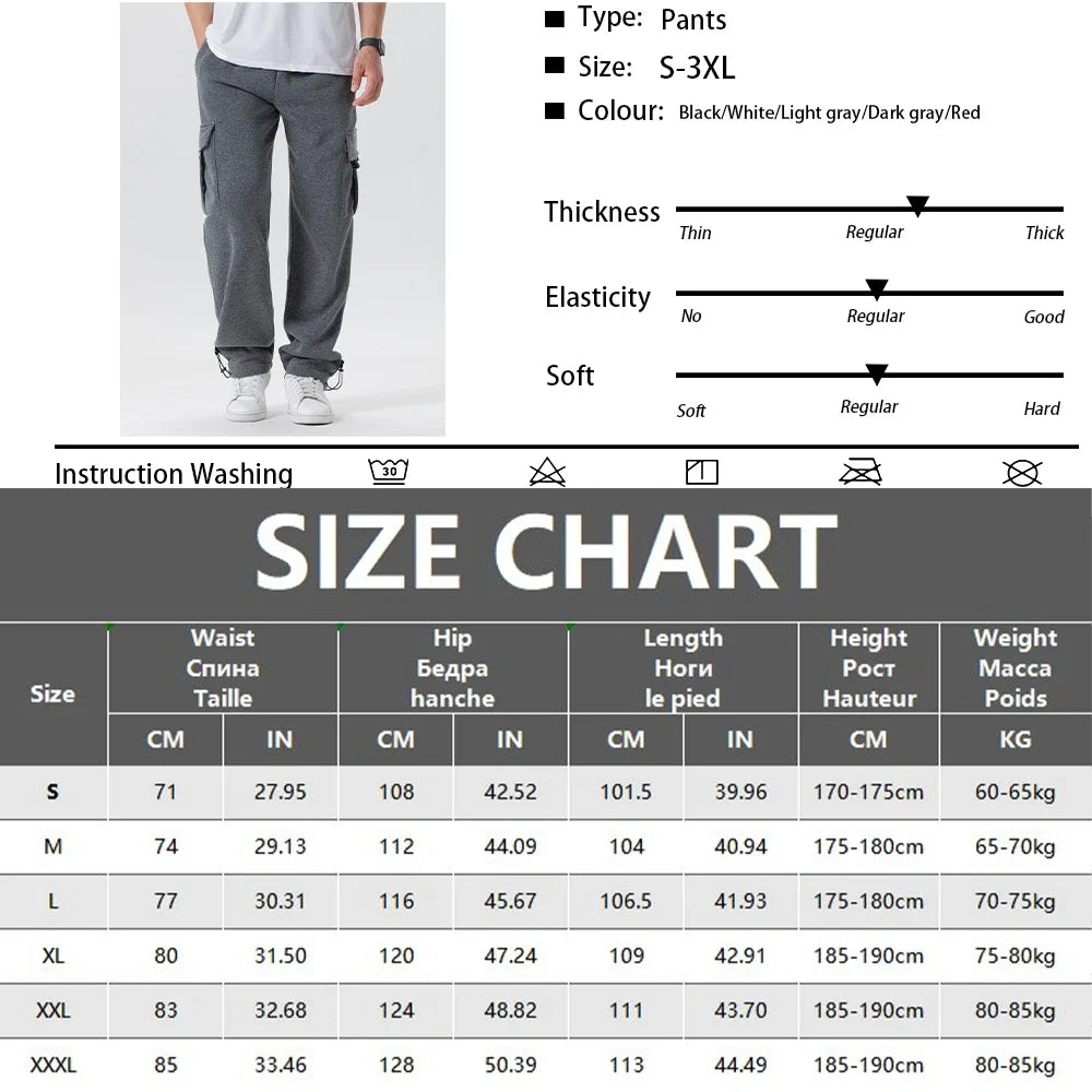 Mens Sweatpants Straight Fit Casual Pants Autumn Winter Men Running Jogger Sports Gym Trousers Solid Color Multi-pocket Pants.