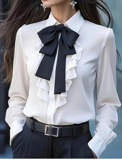 Autumn Solid Lace-up Bow Ruffled Shirt For Women Fashion Elegant Button Long Sleeve Casual Womens Tops And Blouses Women Clothes.