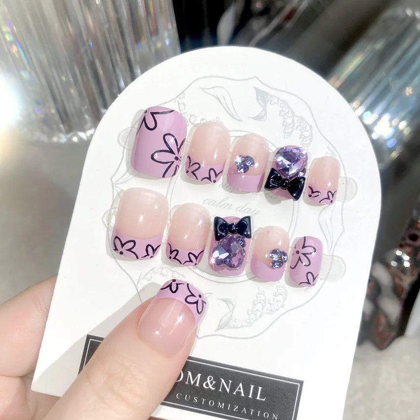 Blush Pink False Nails Bowknot Diamond Pearl 3D Design Press on Nail Tips with Harmless Smooth Edge Nails Woman DIY Fake Nails