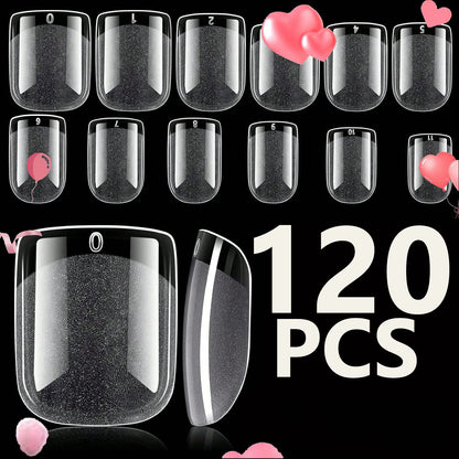 120PCS- Semi-frosted short almond clear fake nails, whitening nail art set with removable fake nails for festivals, parties, dat