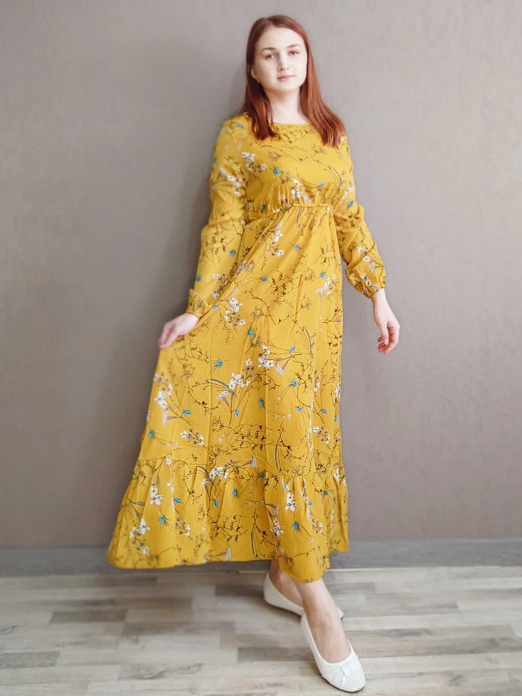 Frühling Sommer Frauen Maxi Kleider Casual Volle Hülse Floral Gedruckt Oansatz Frau Bohe Strand Party Lange Kleid Mujer Vestidos.