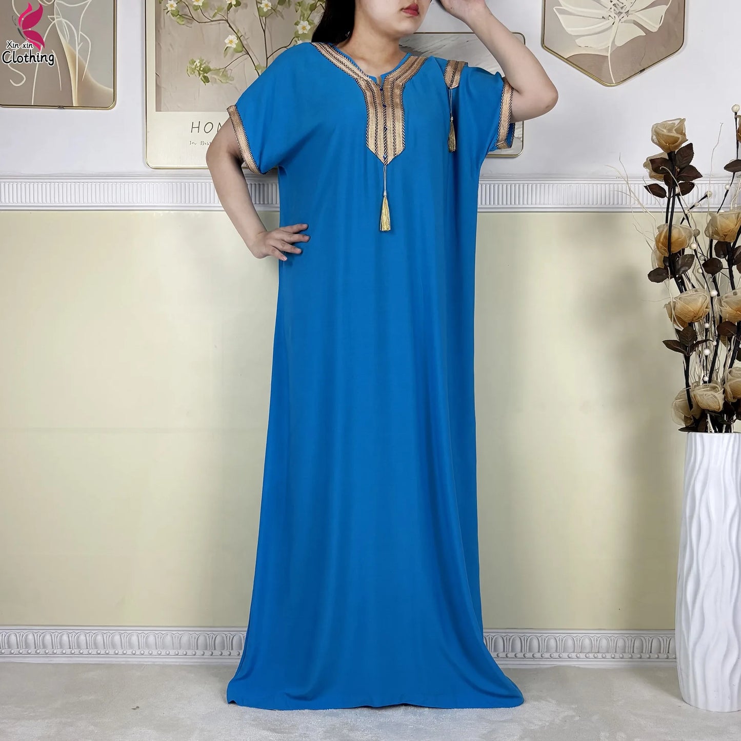 2025 Muslim Caftan Short Sleeve Dress Solid Cotton Summer Abaya African Traditional Dresses Islam for Women Casual Clothing.
