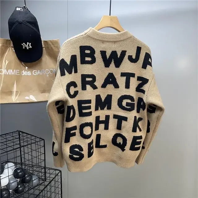 Sweater Men's Clothing Winter Full-print Letter Jacquard Loose Thickened Design Round Neck Top Trendy American Style Sweater.