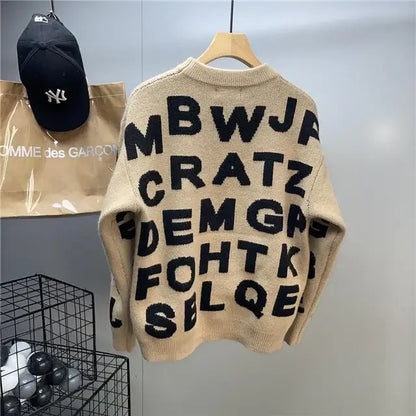 Sweater Men's Clothing Winter Full-print Letter Jacquard Loose Thickened Design Round Neck Top Trendy American Style Sweater.