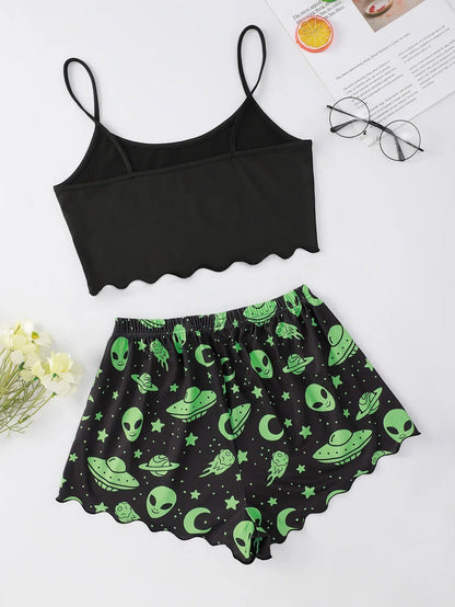 Sexy Alien Print Sling Nachtwäsche frauen Pyjamas Set V-ausschnitt Pyjamas Weibliche Homewear Ärmellose Nette Top Und Shorts.