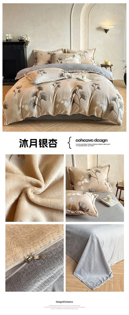 2025 new light luxury style high gram milk fleece 1.5m/1.8m bed four-piece printing warm bed sheet quilt cover