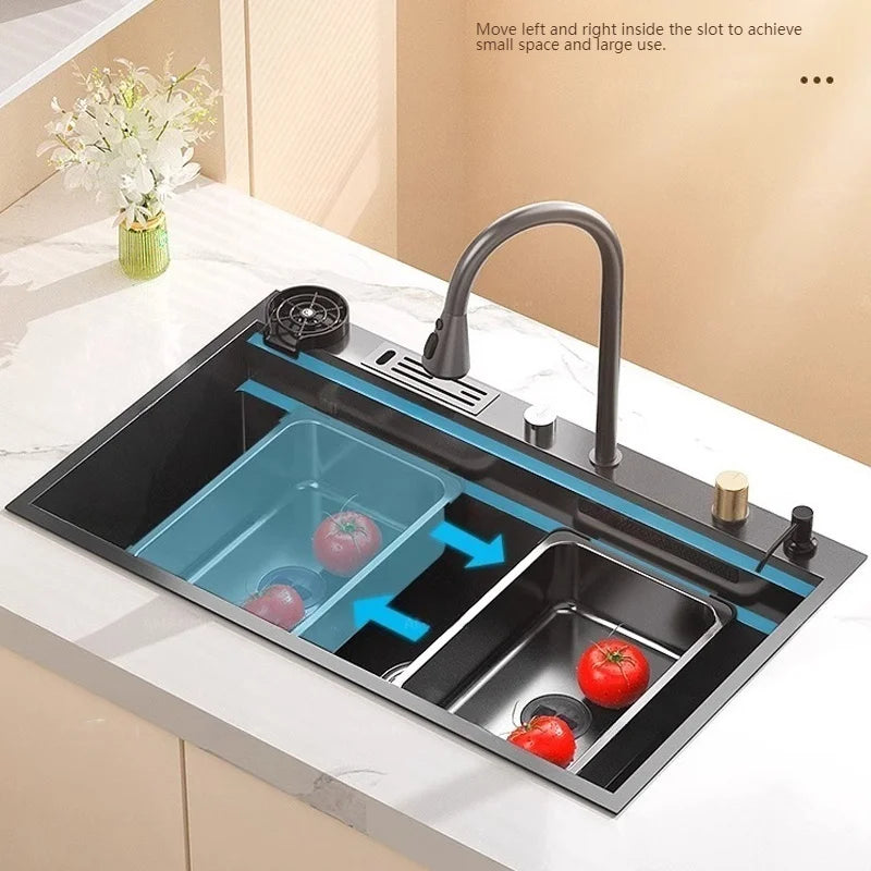 Wasserfall-Küchenspüle aus Edelstahl, extra groß, mit einem Schlitz, multifunktionale Geschirrspülbecken, Unterbaubecken, Tassenwascher