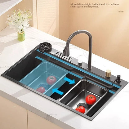 Wasserfall-Küchenspüle aus Edelstahl, extra groß, mit einem Schlitz, multifunktionale Geschirrspülbecken, Unterbaubecken, Tassenwascher