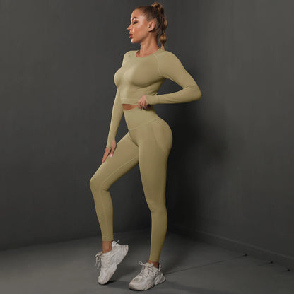 2Pcs Women Sets Energy Seamless Gym Suits Bubble Butt Sports Pants+Long Sleeve Shirts Push Up Running Sets Tracksuits Tights Set.