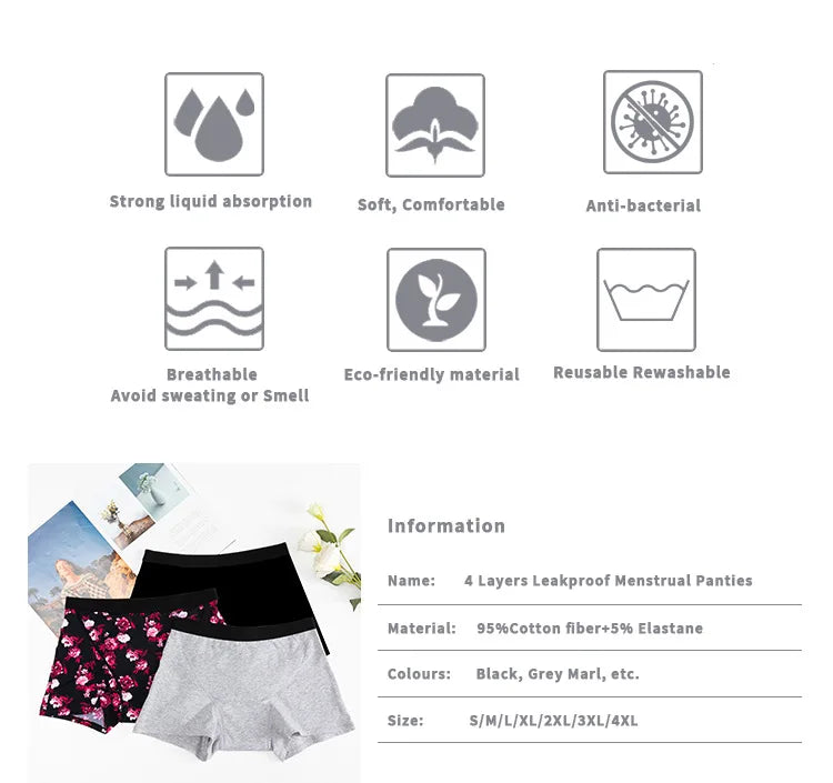 Women's Menstrual Panties Heavy Flow 4-Layer Leak Proof Cotton Period Underwear Absorbent  Boxer Brief.