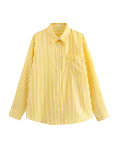 2024 Autumn Women Elegant Stripe Long Sleeves Casual Shirt For Woman Lapel Single-Breasted Loose Slim Blouse Top Streetwear.