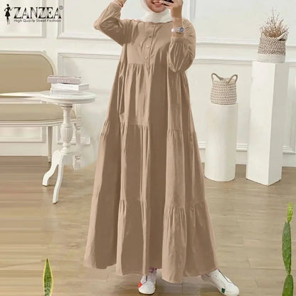 ZANZEA O Neck Casual Loose Maxi Dress Tiered Islamic Hijab Women Long Sleeve Long Vestidos Muslim Fashion Autumn Abaya Robes.