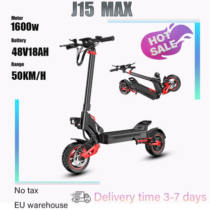 J15MAX Electric scooter 1600W powerful motor 48V18AH lithium battery foldable E scooter 10-inch tires adult off-road e-scooter.