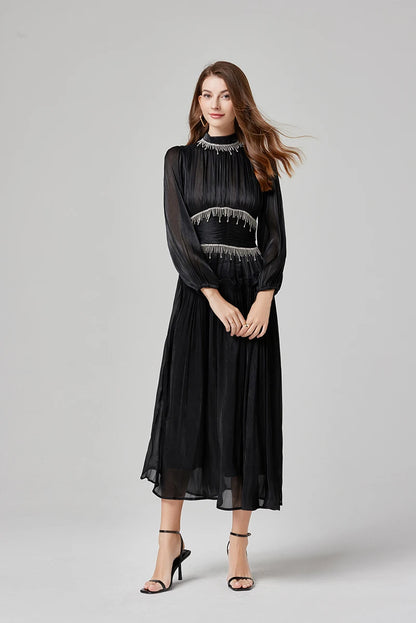 Französisch Luxus Kristall Perlen Quaste Glanz Roben Urlaub Frauen stehen Laterne Ärmel Rüschen plissiert formale Gelegenheit Ballkleid 622