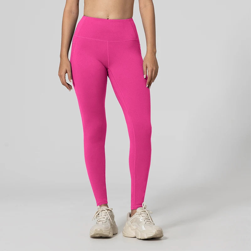 Nahtlose Damen-Leggings mit Taschen, einfarbig, hohe Taille, Po-Lifting-Strumpfhose, schlanke elastische Leggings, Sportbekleidung.