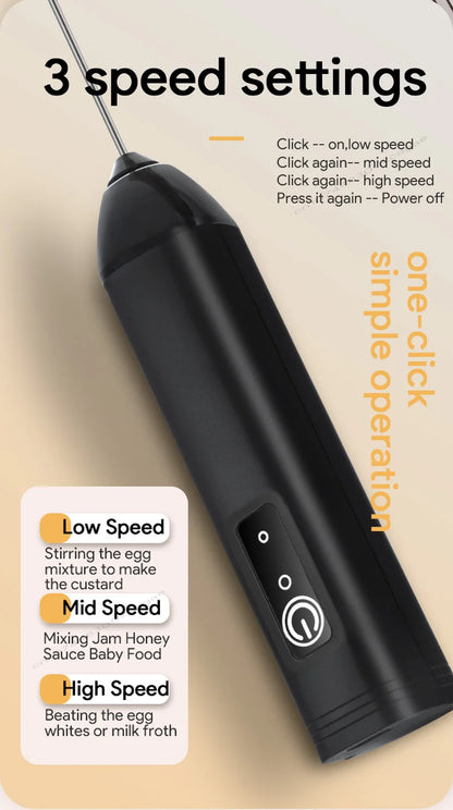 Electric Milk Frother USB Rechargeable Handheld Egg Beater 3 Speeds Foam Maker Mixer Coffee Drink Frothing Wand Foamer Kitchen.