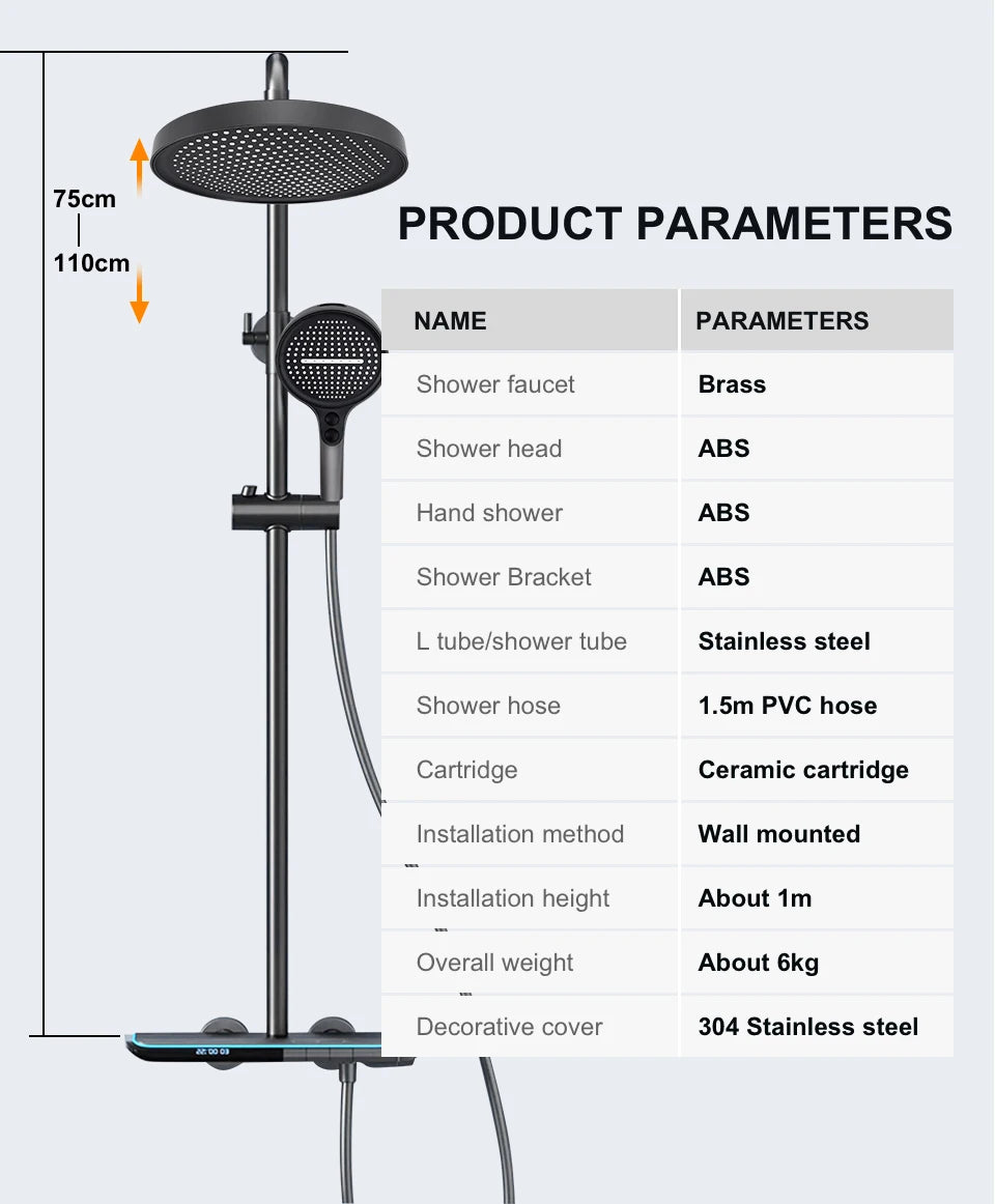 VGX Thermostatic Shower System Set Smart Digital Bathroom Shower Faucet Set Temperature Display Rainlfall Bathroom Shower Set