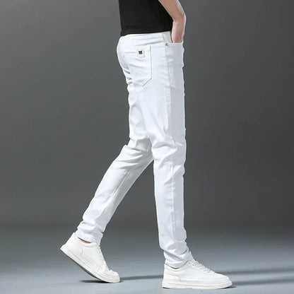 2025 Spring Summer New 98%Cotton Men's Slim Jeans Straight Casual Fashion Pencil Pants High Quality Trousers Male Clothes White.