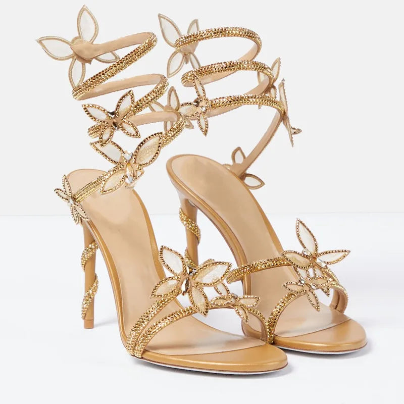 Luxury Crystal Embellished Butterfly Detail Women Sandals Sexy Coiled Strap Thin High heels Gladiator sandals Summer Party Shoes.