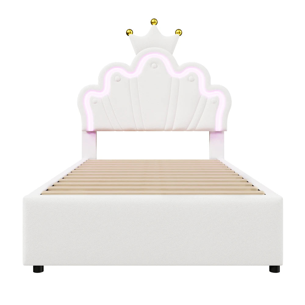 Polsterbett ohne Matratze, ferngesteuertes Umgebungslichtbett mit 2 Schubladen, kronenförmiges Prinzessinnenbett, verstellbarer Kopf, PU, Weiß