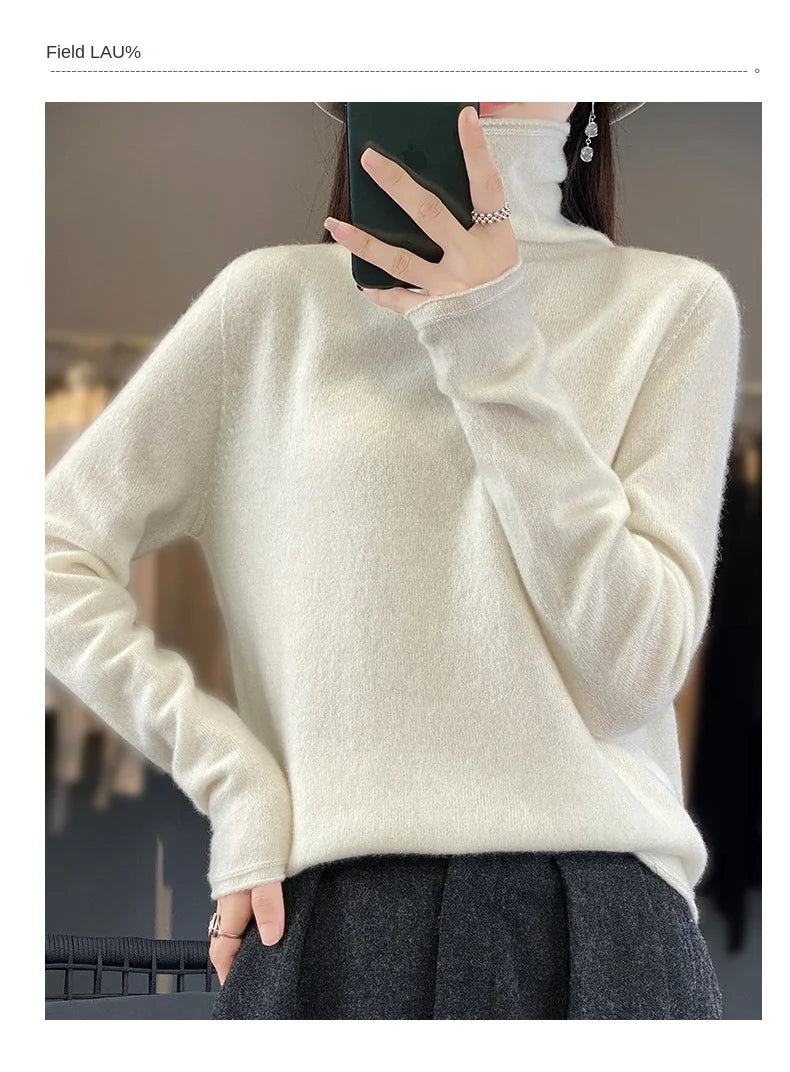 2025 100% Merino Wool Sweater Elegant Cashmere Pullover Women Pile Collar Long Sleeve Knitwear Basic Clothing  Jumper Tops.