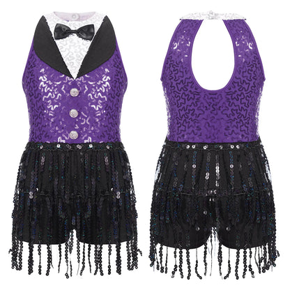 Kind Mädchen Ärmellose Glänzende Pailletten Quaste Boyshorts Kleid Latin Jazz Dance Cha-cha Samba Bühne Leistung Kostüm Dancewear