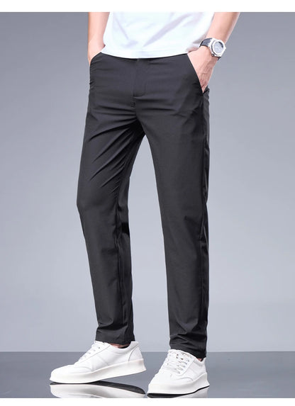 Summer New Business Ice Silk Pants Straight Elastic Waist Black Gray Trousers Breathable Simple Male Clothing Casual Suit Pants.