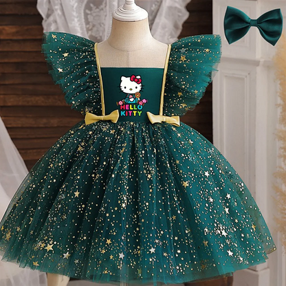 Hello Kitty Prinzessinnenkleid für Mädchen, Pailletten, Stern, Rüschen, Schleife, Tutu-Kleid, Baby, formelles Gala-Abschlussballkleid, Kinder-Abendparty-Kostüm