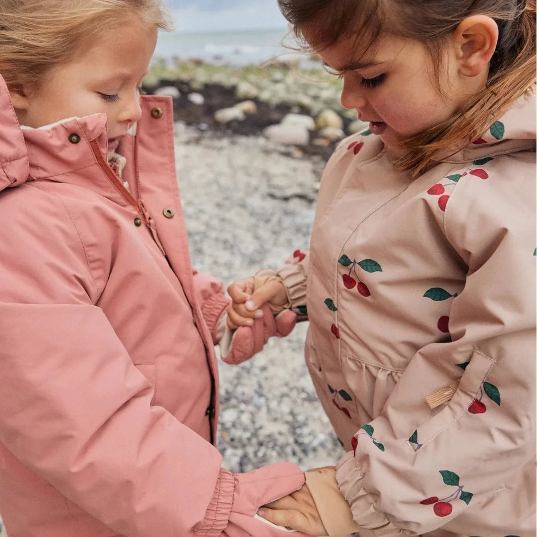 Konges Slojd 2025 Winter Baby Girls Cherry Hooded Ski Jackets Overalls Suits Sets Girls Waterproof Windproof Cold Resistant Coat.