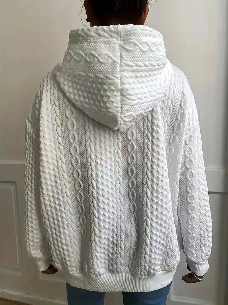 Große Größe Damen Langarm Loose Casual Twist Solid Color V-Ausschnitt Kapuzenpullover.