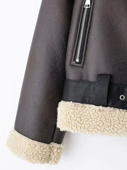 TRZA-Damen-Jacke aus dickem, warmem Wildleder mit Gürtel, langärmlige Mäntel, Kunstscheren, weibliche Oberbekleidung, schicke Oberteile, Wintermode.