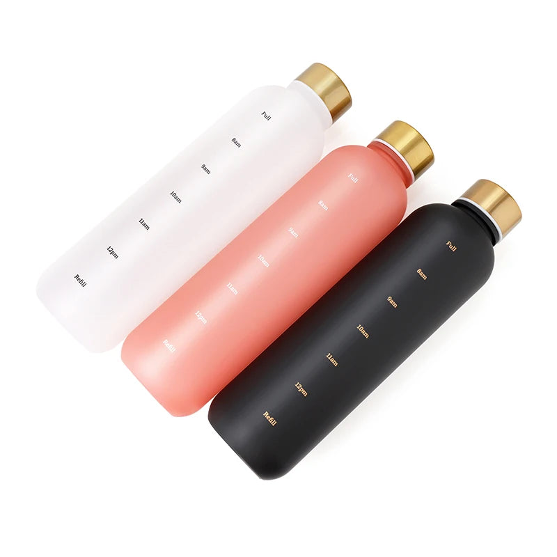 1L Bottle With Time Marker 32 OZ Motivational Reusable Fitness Sports Outdoors Travel Leakproof BPA Free Frosted Plastic.