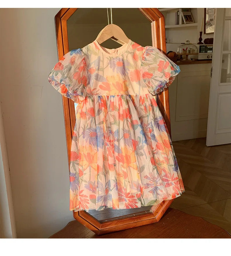 2023 sommer Kinder Kleidung Puff Sleeve Blumen Druck Kleid Für Mädchen Mesh Kinder Kleid für Mädchen