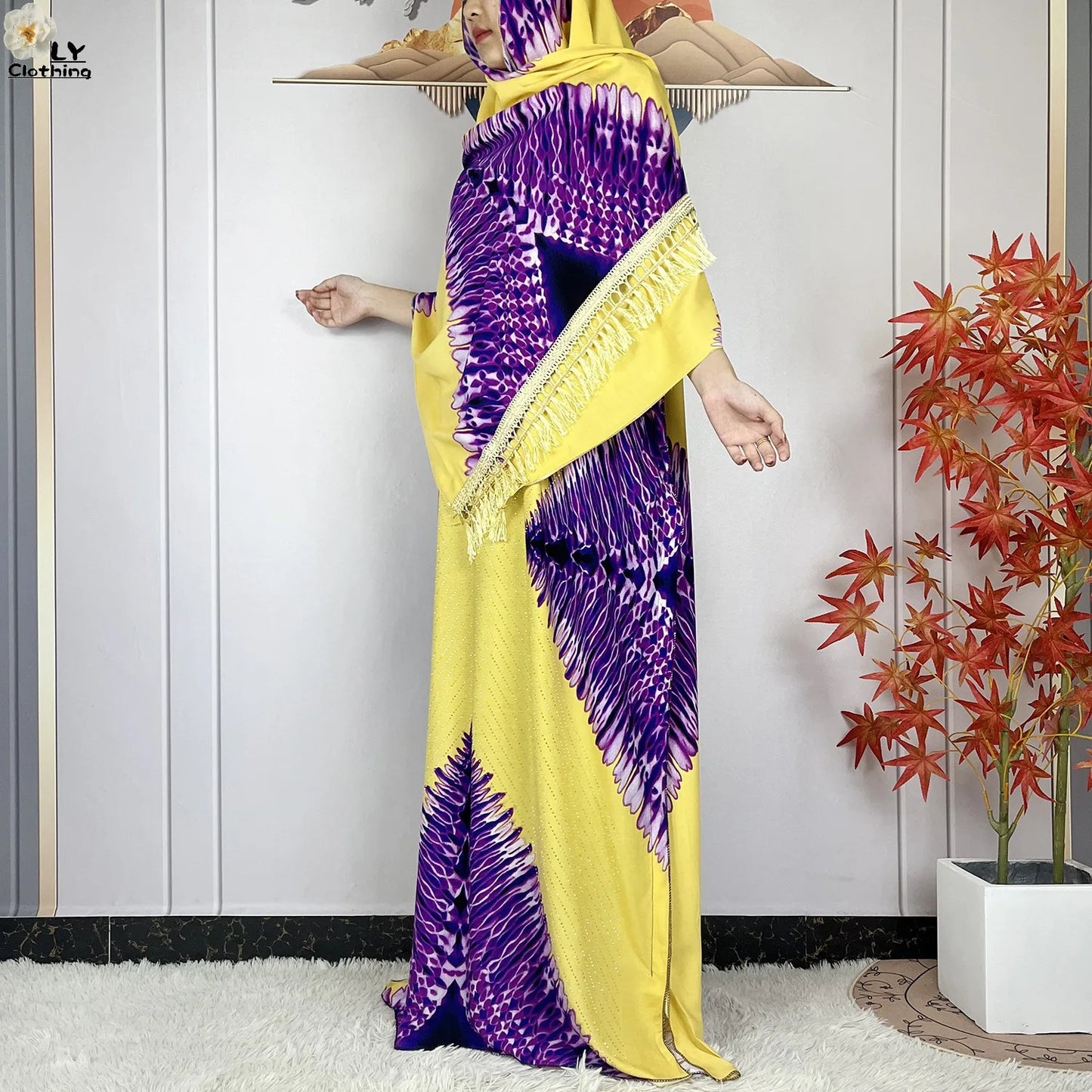 2024 New Muslim Women Dashiki Printed Dress Flower Diamonds Loose Dress With Big Scarf Islamic African Women Short Sleeve Abaya