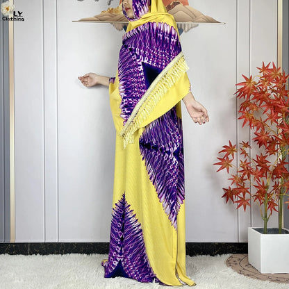2024 New Muslim Women Dashiki Printed Dress Flower Diamonds Loose Dress With Big Scarf Islamic African Women Short Sleeve Abaya