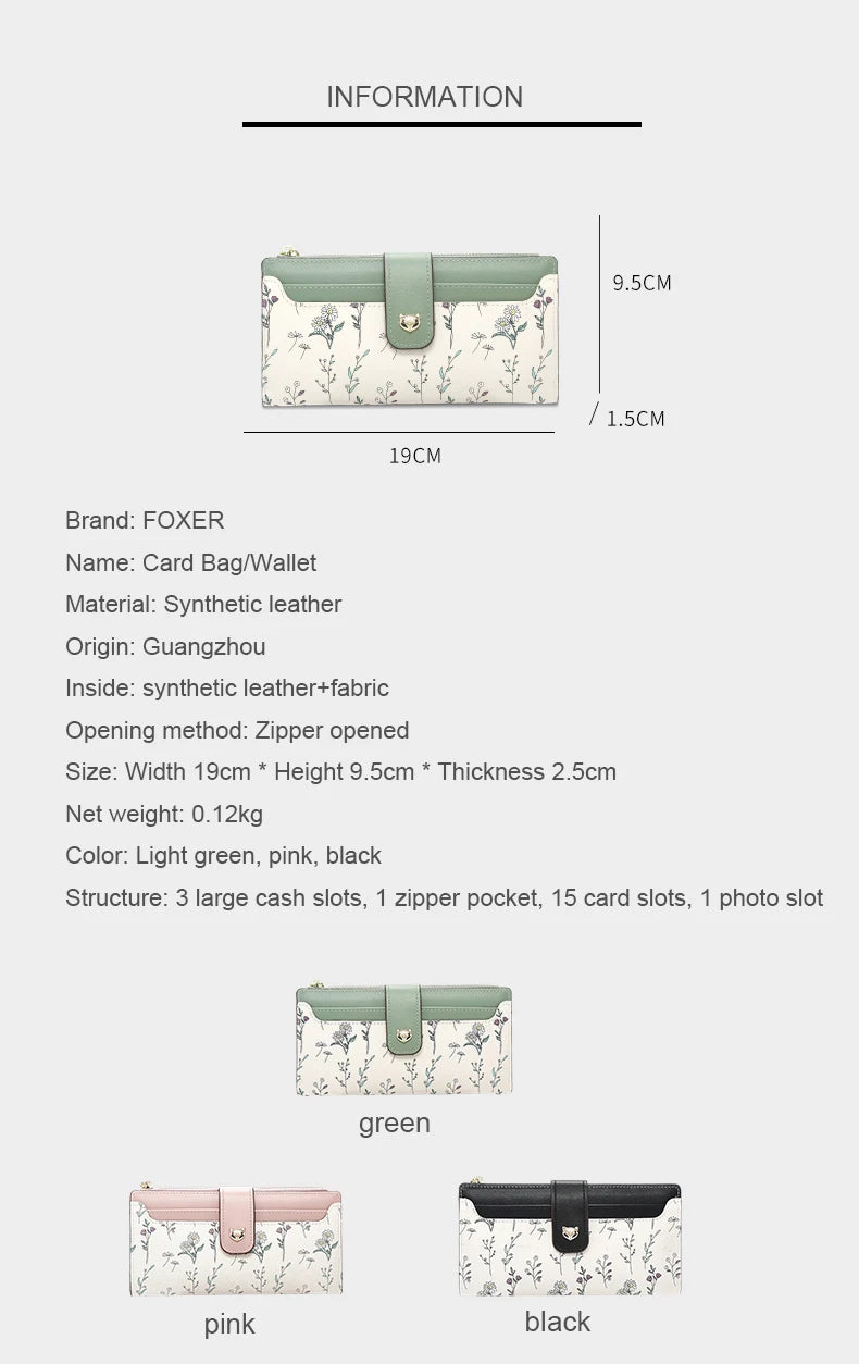 FOXER New Women's Long Wallet Fashion Multi-card Clutch Slot Card Holder Signature Versatile PU Floral Wallet Zipper Coin Purse.