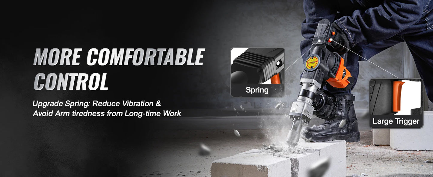 VEVOR Hochleistungs-Betonbrecher Abbruchhammer 1400 W, 19 J Schlagkraft Elektroabbruchhammer, Bohrhammer Betonhammer Stemmhammer 2900 BPM, inkl. Spitzmeißel, Flachmeißel, für Schiefer, Beton usw.
