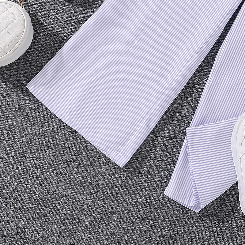 Spring Hot Sale Kids Outfit 4-12 Years Girls Striped Long Sleeve Chemise + Casual Loose Straight Leg Pants Shirt Suit 2Pcs Set.