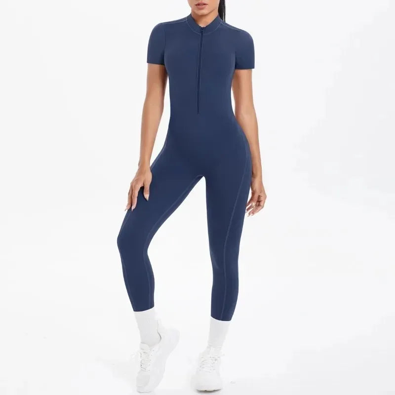 New Women's Yoga Jumpsuit Front Zipper Tight Back Hollow Out Short Sleeve-pants Activewear for Fitness Running Gym Workout.