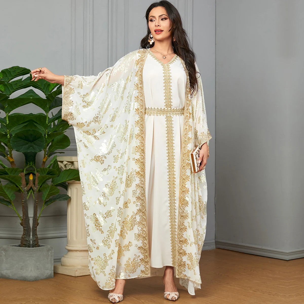 Eid Muslim Party Dress for Women Abaya with Inner Dress 2 Piece Set Jalabiya Ramadan Abayas Robe Caftan Vestidos Largos 2024.