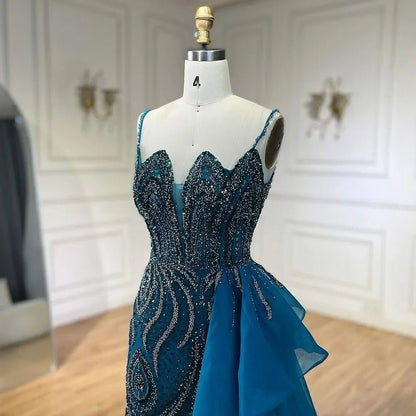 SERENE HILL Maßgeschneiderte 2025, türkisfarbene Spaghettiträger, luxuriöse Perlen-Abendkleider, Meerjungfrau, Schlitz, Überrock, Party, GLA 72378