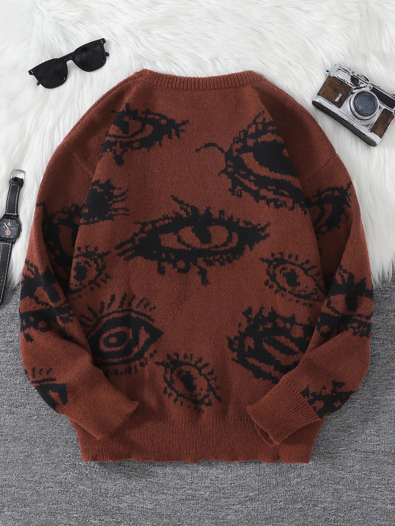 New Popular Autumn and Winter Abstract Eye Jacquard Pattern Pullover Sweater Casual Round Neck Knitted Men's Pullover.