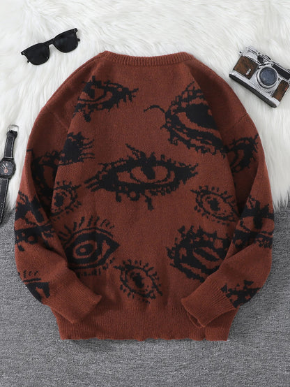 New Popular Autumn and Winter Abstract Eye Jacquard Pattern Pullover Sweater Casual Round Neck Knitted Men's Pullover.