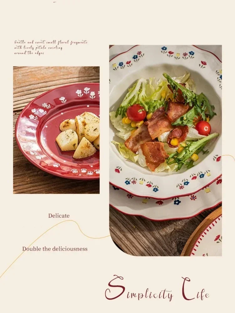 SOLECASA Ceramic Tableware Pastoral Style Rice Soup Bowl Fruit Salad Bowl Dish Pasta Dessert Plate Dinnerware Table Decoration.