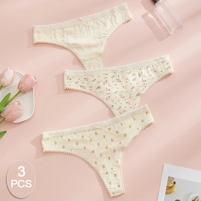 3pcs Fashion Cute Print Panties For Women Thongs Cotton Spring Summer Soft Lingeries Sexy Hot Bow Women'S Thong.