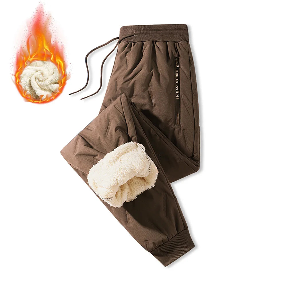 Winter Sweatwear Men's Plush Thick Sweatpant Thermal Zipper Pocket Trousers Casual Jogger Outdoor Windproof Thickened Pants.