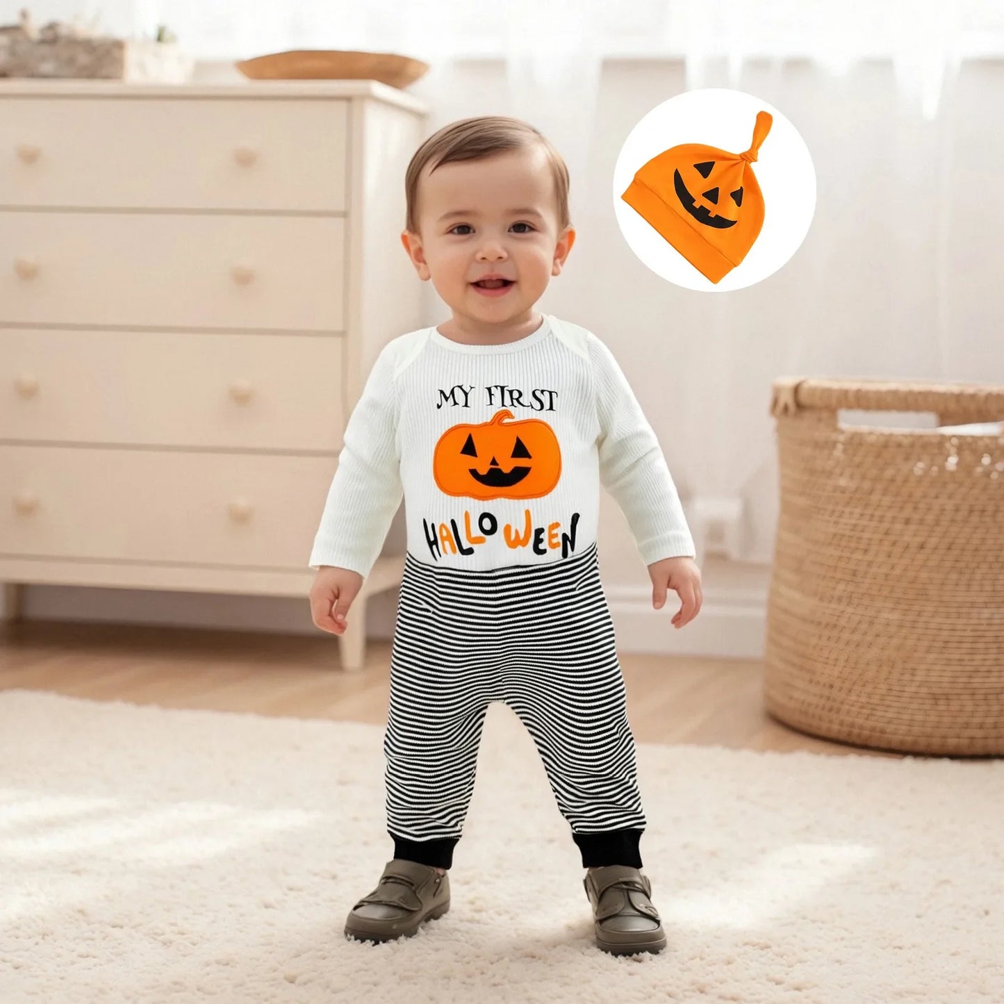 Baby Mädchen Halloween Baumwolle 3-teiliges Set 0-18 Monate Kleinkind Jungen Langarm Kürbis Print Onesie + Gestreifte Hose + Hut Festliches Outfit.