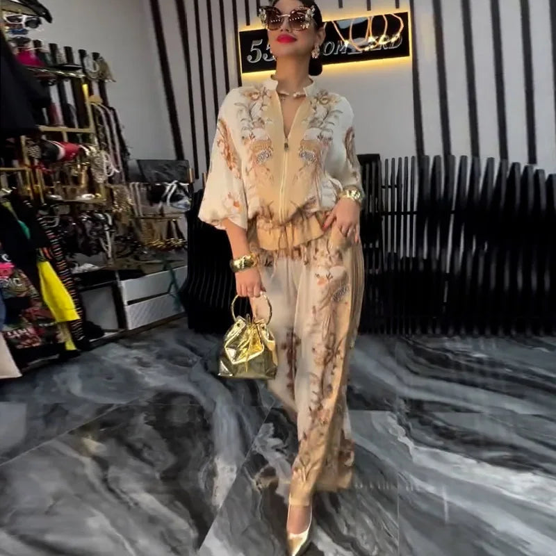 Summer Fashion Print Women's 2-piece Set Flower Zipper Baseball Uniform Drawstring Trousers Two-piece Outfit Elegant Office Suit.