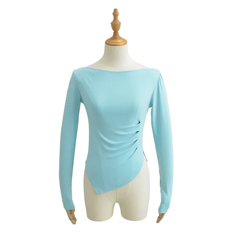 Slim Fit Long Sleeve T-Shirt Women's Shoulder Bared One-Shoulder Design Crease Asymmetrical Pure Desirable Spicy Girl Style.